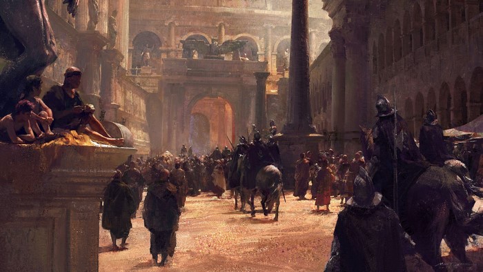 Fantasy art of knights in a Roman-style city