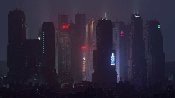 Dark cyberpunk cityscape with glowing neon signs