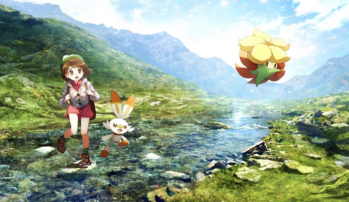 Gloria, Scorbunny, and Gossifleur in a mountain landscape
