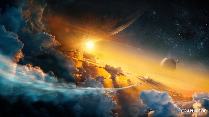 Spaceship flying through clouds near planets and sun