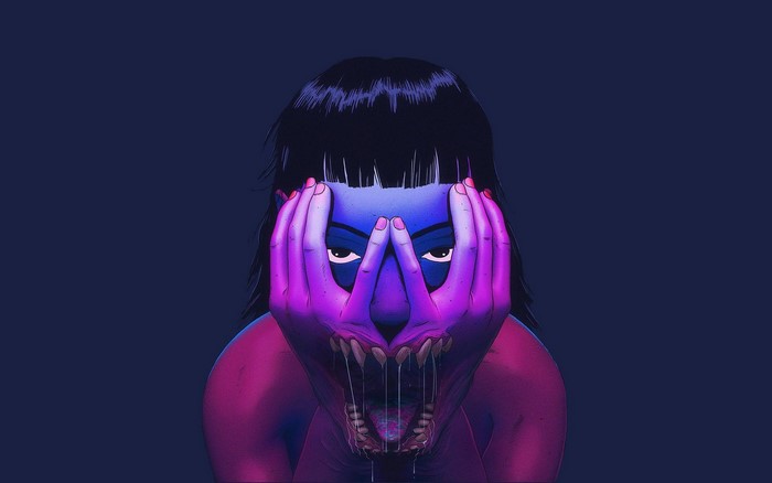 Creepy artwork of a devil with hands over face