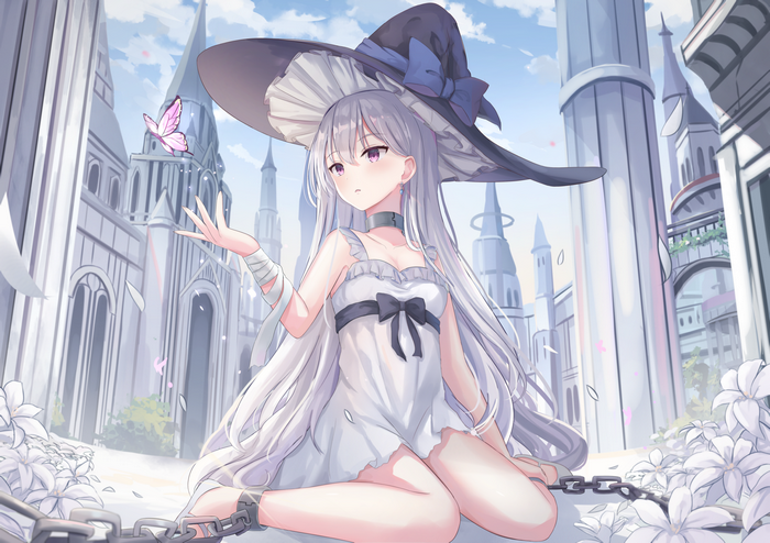 Anime girl with silver hair and witch hat