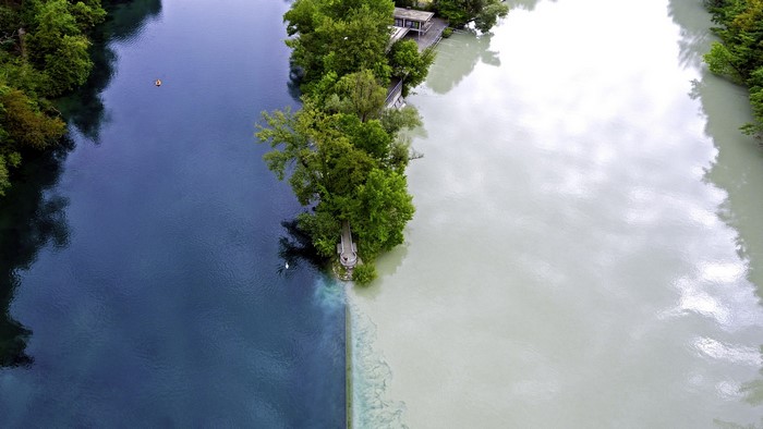 Confluence of two rivers in Geneva, Switzerland