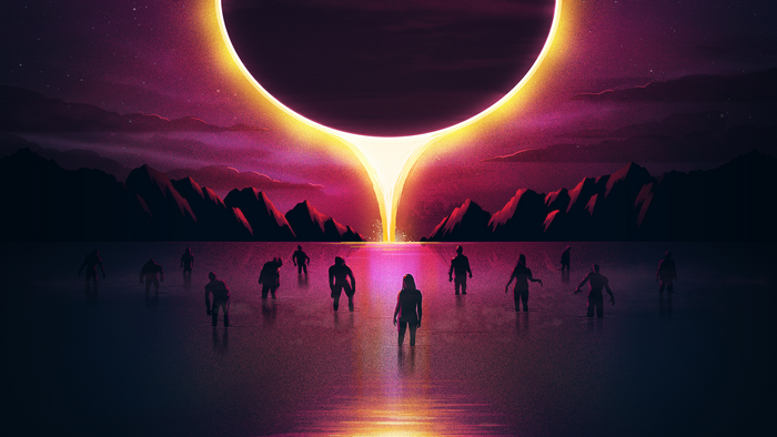 Zombies under a solar eclipse over a lake