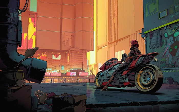Woman on motorcycle in futuristic city with rats