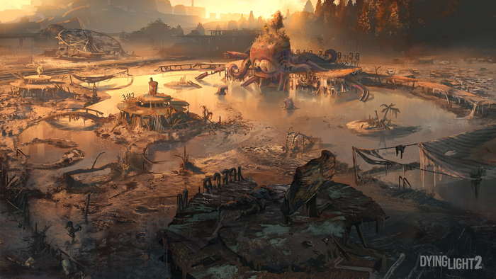 Post Apocalyptic 4K landscape with ruins and a giant octopus structure