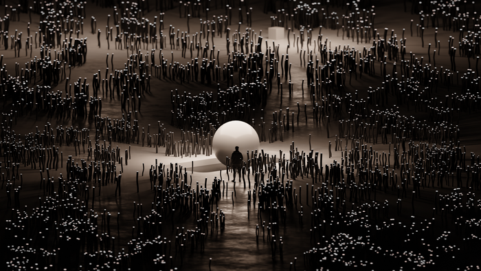 Futuristic beige digital landscape with sphere and figure