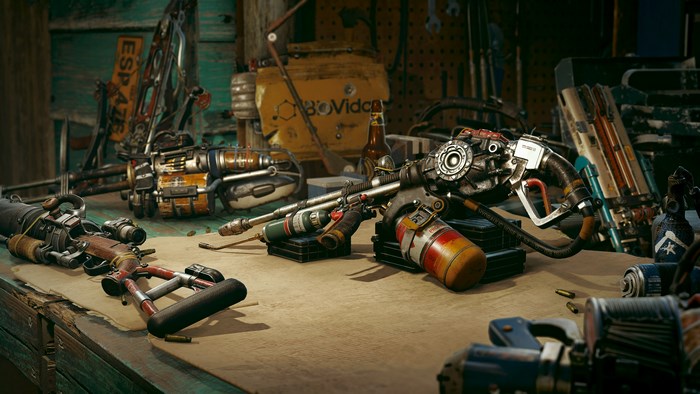 Far Cry 6 4K weapons on a workbench