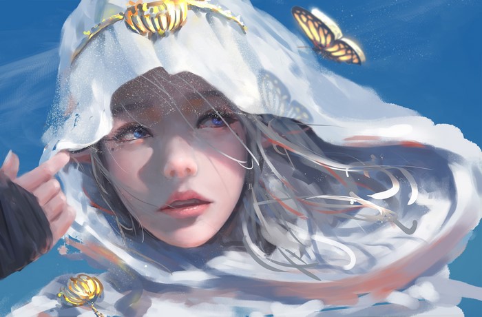 Anime girl with hood and butterfly