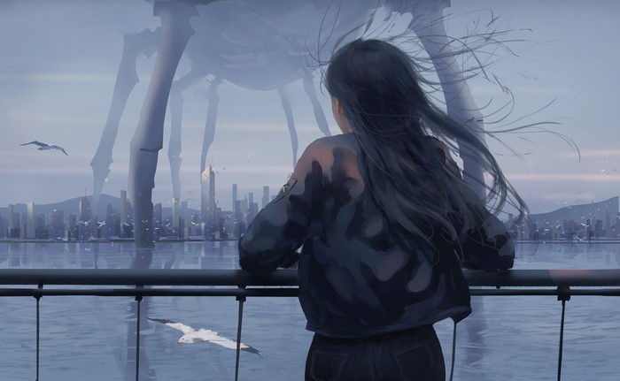 Girl watching giant titan over cityscape