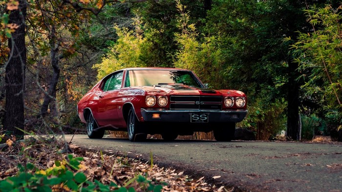 Red Chevrolet Chevelle SS 454 on a tree-lined road