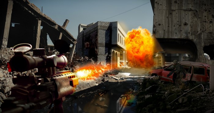 Sniper rifle firing in war-torn city with explosion