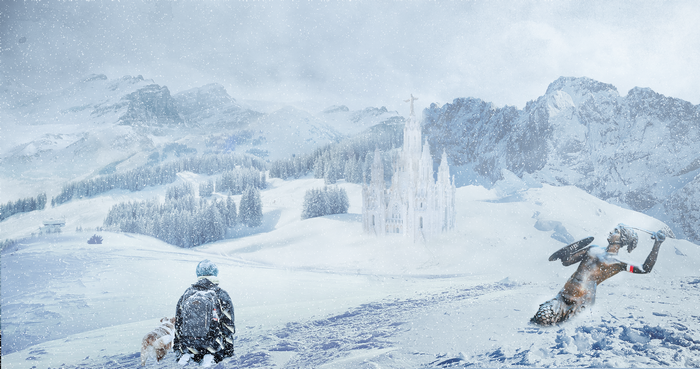Snowy mountain landscape with ice castle and warrior