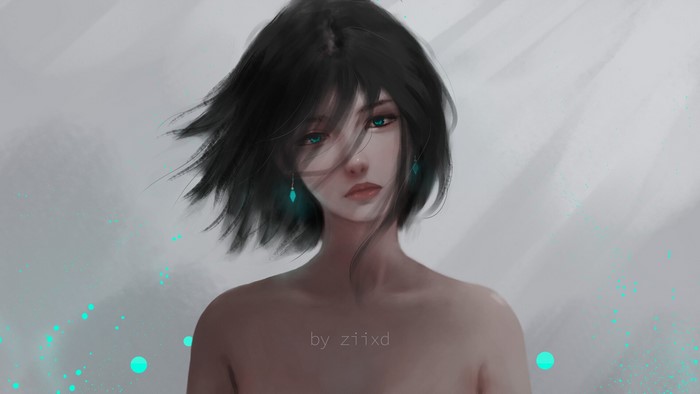Artwork of a woman with black hair and blue eyes