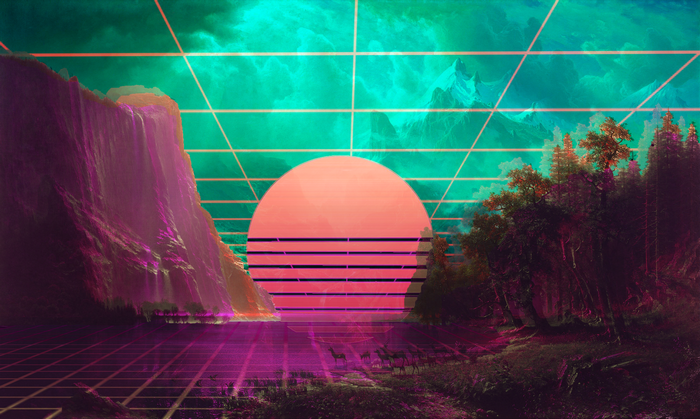 Digital landscape with deer, mountains, and trees