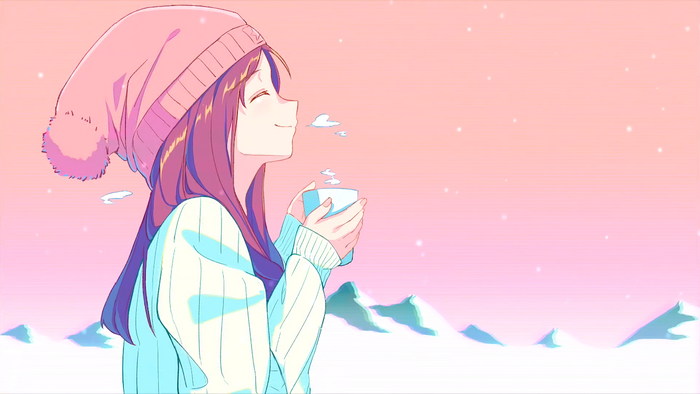 Anime girl in a pink hat holding a cup
