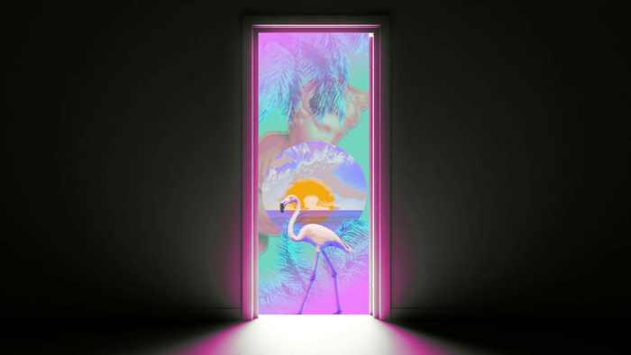 Flamingo in a doorway with vaporwave art