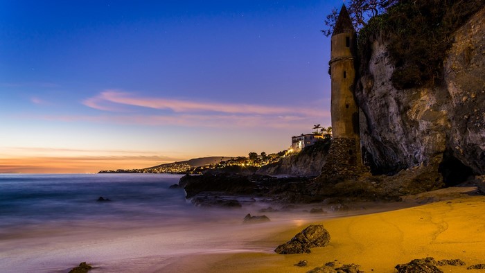 Pirate Tower on the coast of California at sunset