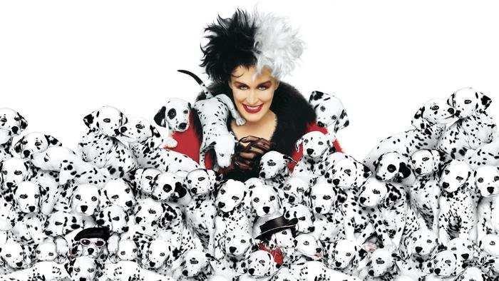Cruella de Vil surrounded by Dalmatians 4K