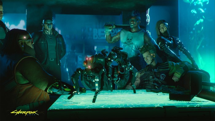Cyberpunk 2077 characters gathered around a table with a robot