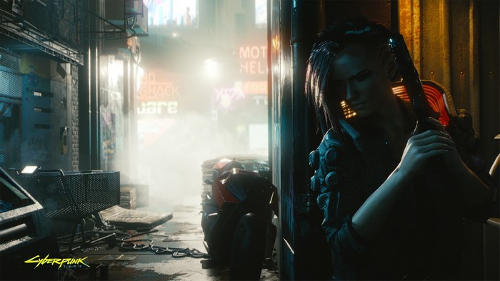 Cyberpunk 2077 character in a neon-lit alley