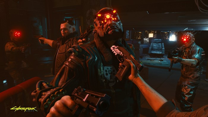 Cyberpunk 2077 characters with cybernetic eyes and guns