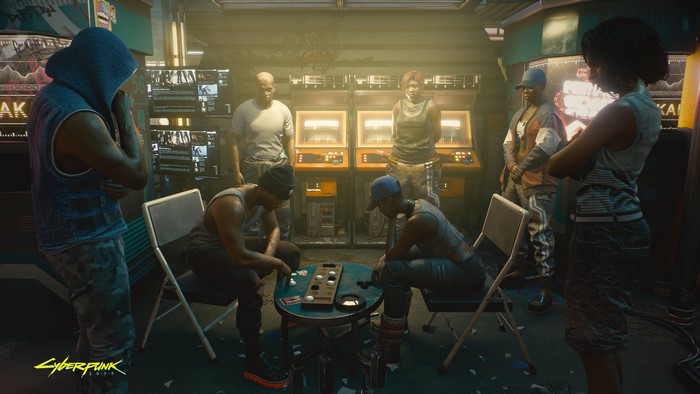 Cyberpunk 2077 characters playing a board game