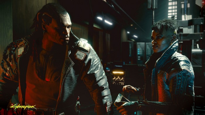 Cyberpunk 2077 characters in a dimly lit interior