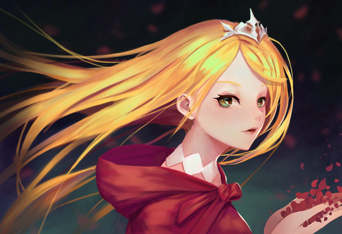 Angelia from Sdorica with blonde hair and red cloak