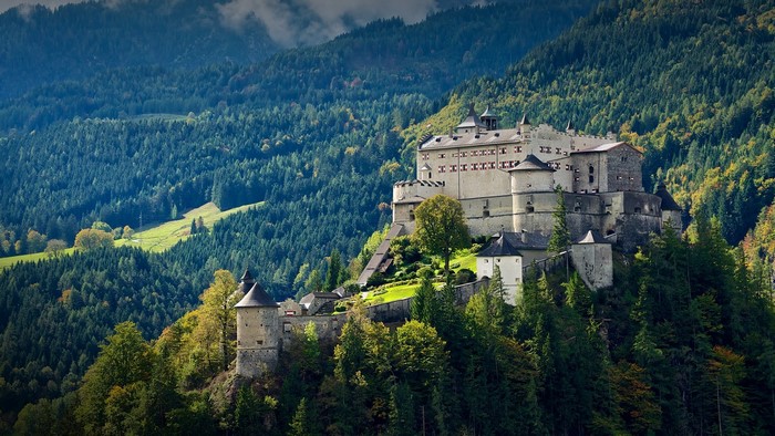 Hohenwerfen Castle in Austria, surrounded by forests