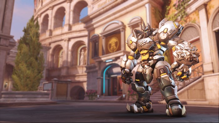 Reinhardt from Overwatch 2 in front of a building