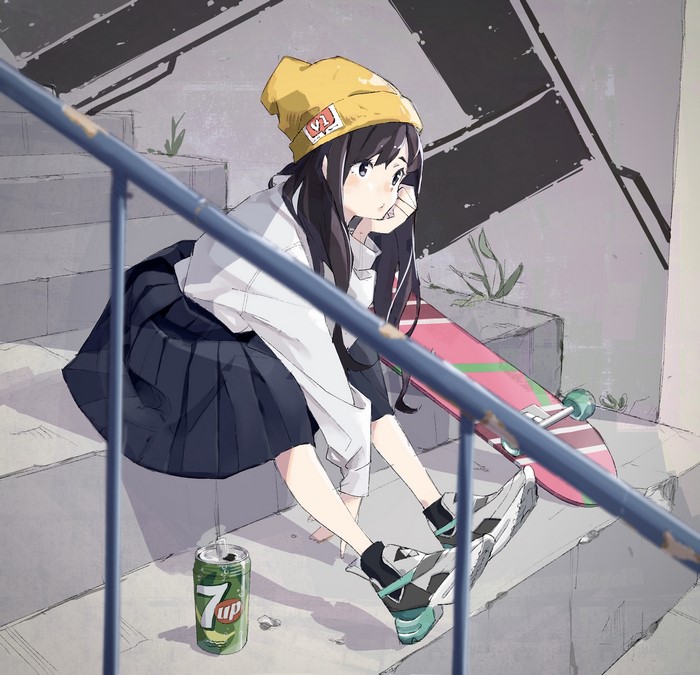 Anime girl with skateboard and 7UP can on stairs