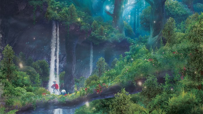 Fantasy forest with waterfall and a person
