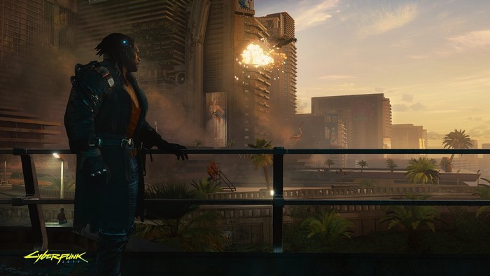 Cyberpunk 2077 character overlooking a city with explosion