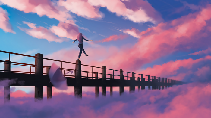 Anime girl walking on a bridge above clouds