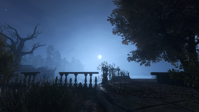 Moonlit landscape with ruins and trees