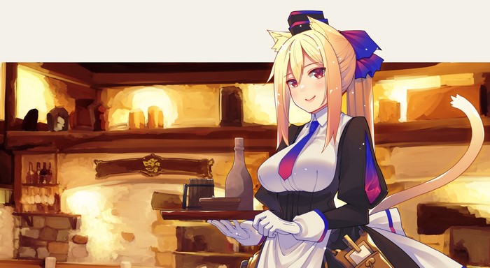 Cat girl waitress holding a tray in a tavern