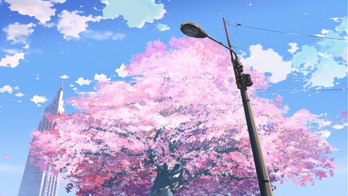 Anime city with cherry blossoms and street lamp