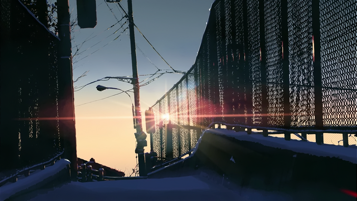 Anime scene with sun and fence