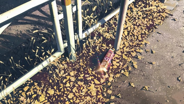 5 Centimeters Per Second anime scene with fallen leaves and a can