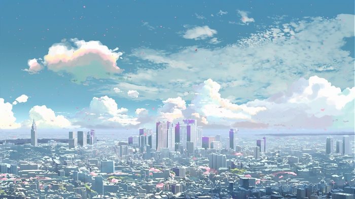 Cityscape with Cherry Blossoms and Clouds