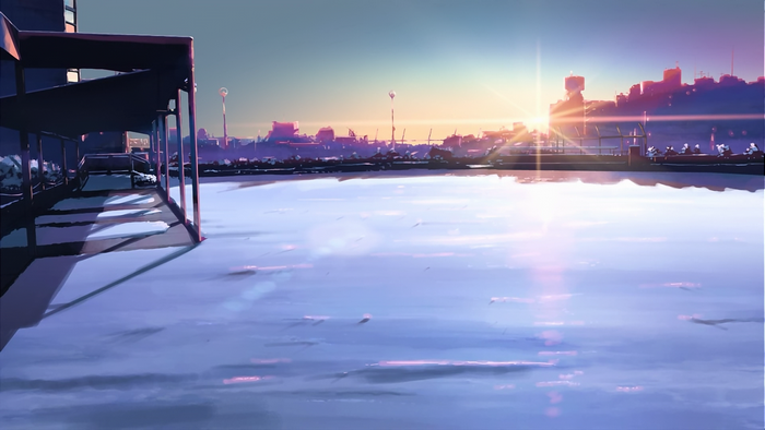 Anime landscape with city skyline at sunset