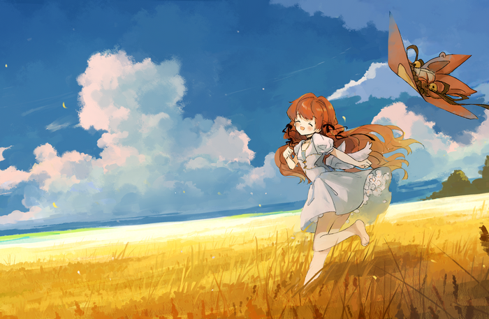 Anime girl with red hair running in a wheat field with a kite