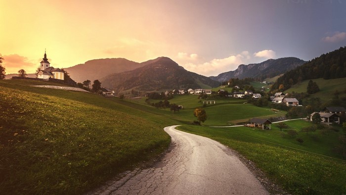 Church on a hill overlooking a village in Slovenia