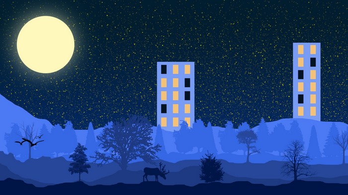 Minimalist night landscape with moon, stars, and buildings