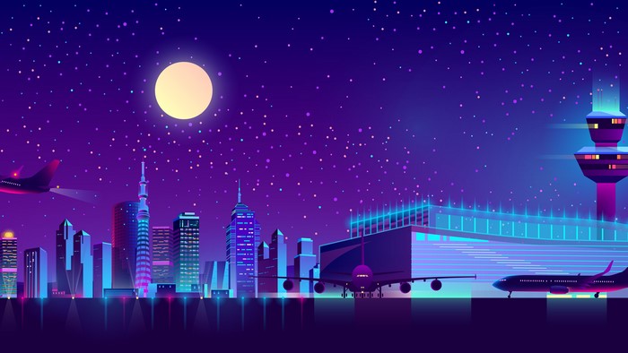 Night cityscape with airport and airplanes under the moon