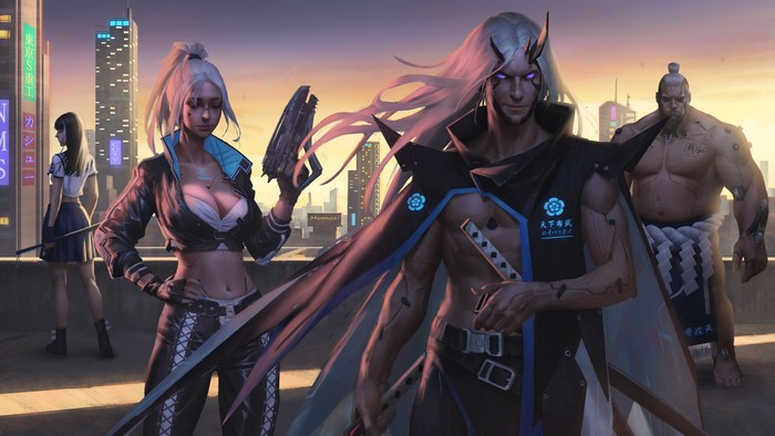 Cyberpunk characters on rooftops with city background