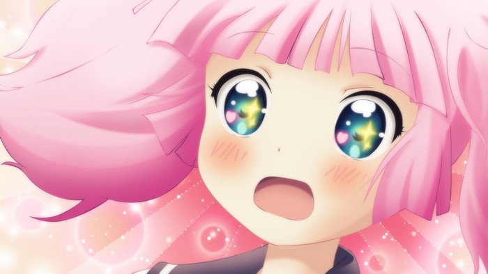 Yoshikawa Chinatsu from Yuru Yuri with pink hair and sparkling eyes