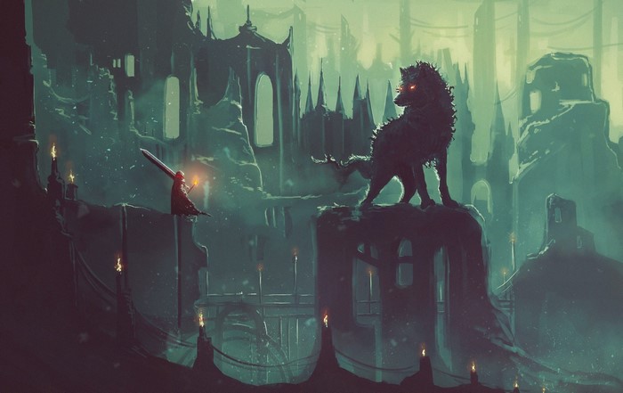Guts from Berserk facing a Direwolf in a ruined city