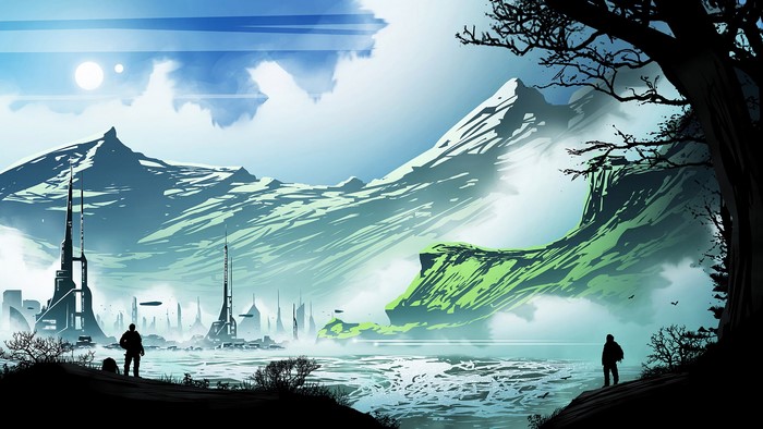 Futuristic city with mountains and a river